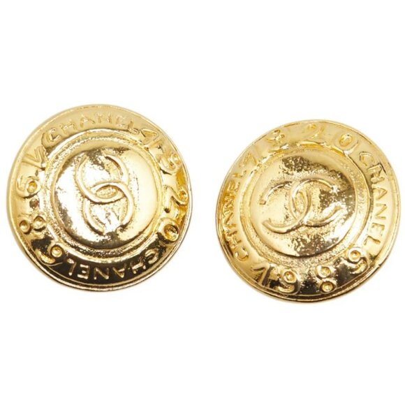 CHANEL CC Logos 1989 1920 Round Clip-On Earrings Gold Tone Auth w/Box #4056 - Picture 3 of 6